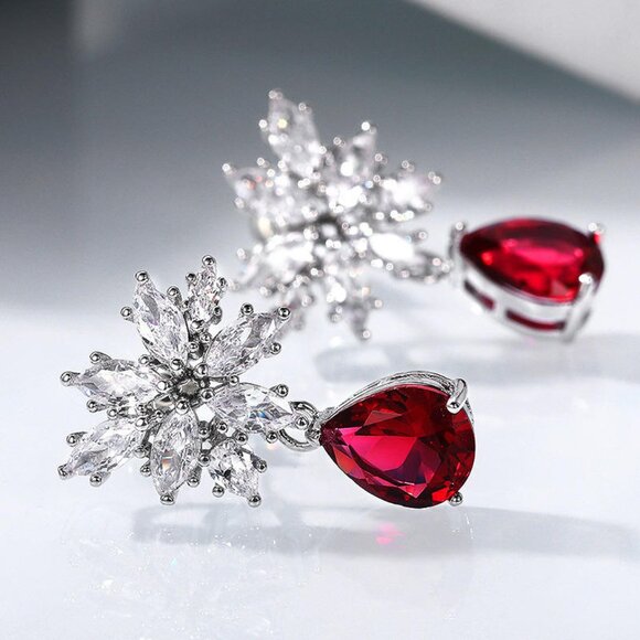 🔥NEW Water Drop Ruby💎 Moissanite look Leafy Pear Cut Dangle Earring, GPMB1412 - Picture 5 of 7